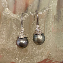 Load image into Gallery viewer, These 925 Sterling silver tapered hook earings are set with Cubic Zirconia and stunning  Tahitian pearls, Circle Drop in shape, 9.8 x 11mm in size and natural Aubergine in color  Rhodium coated to prevent tarnish  (J3225)
