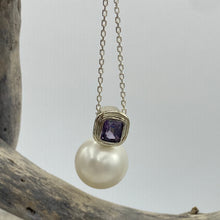 Load image into Gallery viewer, Australian south sea pearl pendant handcrafted 9ct white gold bezel set with a natural purple Spinel stone, 1.48ct in size and cushion cut. This pendant features a large Australian South Sea Broome origin pearl, 15mm in size, Round in shape, White in color with Good lustre and clean skin J3399