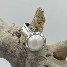 Load image into Gallery viewer, This solid 925 Sterling Silver Ring features a fully protected cup so the pearl is fully protected making this the perfect ring for heavy wear conditions. It features a White 12mm Button shaped Freshwater Pearl. Available in Sizes 7, 8 , 9, 10 and 11