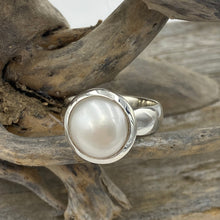 Load image into Gallery viewer, This solid 925 Sterling Silver Ring features a fully protected cup so the pearl is fully protected making this the perfect ring for heavy wear conditions. It features a White 12mm Button shaped Freshwater Pearl. Available in Sizes 7, 8 , 9, 10 and 11