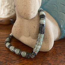 Load image into Gallery viewer, Stunning new range of Men's & Unisex Stainless steel and nautical rope jewellery, hand made in Amsterdam and designed with strength to be worn 24/7
Green and Grey semi precious stones 6mm semi precious stones with a 6mm Silver slider
Adjustable size
In stock now size S