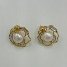 Load image into Gallery viewer, These 'Rose' earrings feature a beautiful filagree rose with central white 7.5mm button pearl and South Sea Mother of Pearl shell accents in the petals. They are set in 18ct gold plating over 925 sterling silver. The matching pendant is also available in yellow gold with an 18ct gold plating over 925 sterling silver also with an anti tarnish finish.