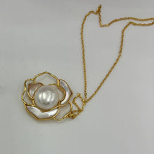 Load image into Gallery viewer, This Pendant features a beautiful filagree rose with central 11-12mm white button pearl with South Sea Mother of Pearl shell accents in the petals. It is set in 18ct gold plating over 925 sterling silver. The matching stud style earrings are also available in yellow gold with an 18ct gold plating over 925 sterling silver also with an anti tarnish finish.