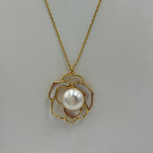 Load image into Gallery viewer, This Pendant features a beautiful filagree rose with central 11-12mm white button pearl with South Sea Mother of Pearl shell accents in the petals. It is set in 18ct gold plating over 925 sterling silver. The matching stud style earrings are also available in yellow gold with an 18ct gold plating over 925 sterling silver also with an anti tarnish finish.