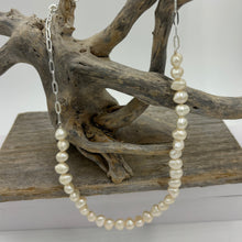 Load image into Gallery viewer, Stunning chain and pearl necklace featuring white pearls in 18ct yellow gold plated over 925 sterling silver chain. The overall length is 46cm but it can be shortened to desired length This necklace is also available in Sterling Silver with a matching bracelet at $100.
