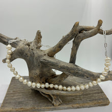 Load image into Gallery viewer, Stunning chain and pearl necklace featuring white pearls in 18ct yellow gold plated over 925 sterling silver chain. The overall length is 46cm but it can be shortened to desired length This necklace is also available in Sterling Silver with a matching bracelet at $100.