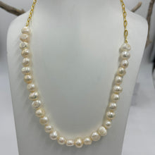 Load image into Gallery viewer, Stunning chain and pearl necklace featuring white pearls in 18ct yellow gold plated over 925 sterling silver chain. The overall length is 46cm but it can be shortened to desired length This necklace is also available in Sterling Silver with a matching bracelet at $100.