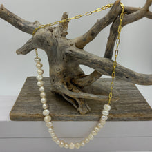 Load image into Gallery viewer, Stunning chain and pearl necklace featuring white pearls in 18ct yellow gold plated over 925 sterling silver chain. The overall length is 46cm but it can be shortened to desired length This necklace is also available in Sterling Silver with a matching bracelet at $100.