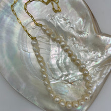 Load image into Gallery viewer, Stunning chain and pearl necklace featuring white pearls in 18ct yellow gold plated over 925 sterling silver chain. The overall length is 46cm but it can be shortened to desired length This necklace is also available in Sterling Silver with a matching bracelet at $100.