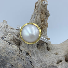 Load image into Gallery viewer, Two tone 14ct yellow gold plated sterling silver in a hammered finish with a central bezel set natural white pearl, 10mm Button shape freshwater pearl. Various sizes available.