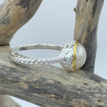 Load image into Gallery viewer, Two tone 14ct yellow gold plated sterling silver in a hammered finish with a central bezel set natural white pearl, 10mm Button shape freshwater pearl. Various sizes available.