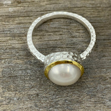 Load image into Gallery viewer, Two tone 14ct yellow gold plated sterling silver in a hammered finish with a central bezel set natural white pearl, 10mm Button shape freshwater pearl. Various sizes available.