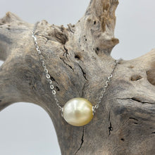 Load image into Gallery viewer, Australian South Sea Pearl necklace featuring a single Champagne South Sea pearl,
The pearl is Drop in shape 9.3 x 10.9mm in size, and Champagne to Light Gold in color.
It features on this adjustable 925 sterling silver chain with bolt ring clasp
Length in total is 43 to 50cm and adjustable toggle
J3521