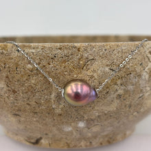 Load image into Gallery viewer, This versatile Slider necklace features a single Drop Baroque shape natural colour freshwater pearl, 10 x 12.5mm in size. It is the most stunning Chocolate with pink hues colour.
The chain is Sterling Silver and is adjustable up to 45cm using an easy pull tag .
It has protective silver hole covers to finish this off nicely and for protection and easy sliding