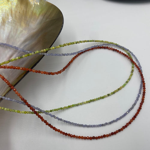 This stunning necklace features 2.5mm facetted Red Bamboo shape Coral beads , with a 925 sterling silver peanut clasp.  It can be used as a necklace on it own or as a chain to hold a pendant.  It is on 49 strand high strength US wire with scrimps for security  Finished length is 46cm