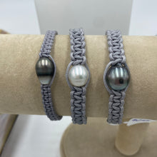 Load image into Gallery viewer, Macrame bracelet (thin thread grey) featuring a Fijian South Sea Pearl, Circle Drop in shape, 9.8 x 13.8mm in size, chocolate in color with grey top section.  (J3313)  This bracelet is made from water and colorfast nylon material for heavy duty wear and tear, features no glue and no metal parts
