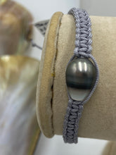 Load image into Gallery viewer, Macrame bracelet (thin thread grey) featuring a Fijian South Sea Pearl, Circle Drop in shape, 9.8 x 13.8mm in size, chocolate in color with grey top section.  (J3313)  This bracelet is made from water and colorfast nylon material for heavy duty wear and tear, features no glue and no metal parts
