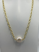 Load image into Gallery viewer, Gold chain necklace featuring an 13-14mm White Button smooth baroque shape freshwater pearl
This necklace is 18ct gold plated over 925 Sterling silver and features a lobster clasp
The length is adjustable up to 45cm by using the shorter links to attach the lobster clasp
There is a similar matching bracelet with the same name for $145
This is available in gold or silver 