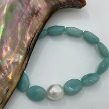 Load image into Gallery viewer, <p>Stunning Amazonite bracelet featuring a white Australian South Sea Pearl</p> <p>Pearl is circle drop in shape, and is 11.2 x 12.5mm in size and white in colour</p> <p>The Amazonite beads are flat oval facetted and are 10 x 16mm in size</p> <p>This bracelet is easy to slip on and off as it's made on elastic</p> <p>J3360</p>