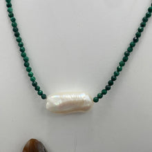 Load image into Gallery viewer, &lt;p&gt;&lt;span&gt;This necklace features a white Freshwater BIWA Pearl on a necklace of 2.5mm facetted&nbsp; malachite gemstones with a sterling silver peanut clasp&lt;/span&gt;&lt;/p&gt; &lt;p&gt;&lt;span&gt;The pearl is 10 x 23mm in size&lt;/span&gt;&lt;/p&gt; &lt;p&gt;The overall length is 45cm&lt;/p&gt;
