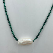 Load image into Gallery viewer, &lt;p&gt;&lt;span&gt;This necklace features a white Freshwater BIWA Pearl on a necklace of 2.5mm facetted&nbsp; malachite gemstones with a sterling silver peanut clasp&lt;/span&gt;&lt;/p&gt; &lt;p&gt;&lt;span&gt;The pearl is 10 x 23mm in size&lt;/span&gt;&lt;/p&gt; &lt;p&gt;The overall length is 45cm&lt;/p&gt;
