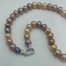 Load image into Gallery viewer, &lt;p&gt;Freshwater Edison pearl strand featuring natural multicolour pearls, natural shades of Pink through to Lavender round shaped pearls, 10 - 11mm in size, with a Sterling Silver clasp.&lt;/p&gt; &lt;p&gt;45cm in length&lt;/p&gt; &lt;p&gt;Matching bracelet available featuring an identical clasp - these can be joined together to make a 65cm strand&lt;/p&gt; &lt;p&gt;INS&lt;/p&gt;
