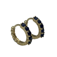 Load image into Gallery viewer, ct Yellow gold and Blue Sapphire (10 = 0.5ct ) huggie earrings  Sapphires are a semi precious stone with blue tones   Also available in White Gold or Rose gold and with  Rubies, Emeralds or Morganite by special order  Detachable pearls are available for purchase separately - in this photo the pearls are on 9ct yellow gold caps and are Drop shape, 9.2 x11mm Australian South sea pearls, White with Silver hues and are $450 for the pair  You can select to purchase the huggies alone or with the pearls 
