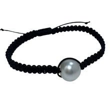 Load image into Gallery viewer, Thin Black Macrame bracelet featuring an Australian South Sea Pearl, Button shape, 11.3mm in size, White with Pink hues.  (J2876)  This bracelet is made from water and colorfast nylon material for heavy duty wear and tear, features no glue and no metal parts
