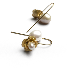 Load image into Gallery viewer, 18K gold plated satin finish over 925 sterling silver hook style earrings Featuring a 5mm white Freshwater pearl in the flower and a 9 x 15mm Drop shaped White Freshwater pearl underneath This pearl can be detached from the hook so the earrings can be worn just with the flower as an alternative option. FS091