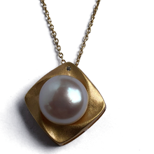 Load image into Gallery viewer, 18K gold plated over 925 sterling silver pendant and chain Satin finish Swirl pendant 20mm from top to bottom, holding a Button shape White Freshwater pearl 11.5-12mm and featuring a small cubic zirconia Chain is adjustable from 40 to 46cm in length Matching earrings available named 'Swirl' earrings