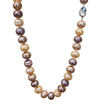 Load image into Gallery viewer, Freshwater pearl strand featuring natural colour Japanese Kazumi pearls, natural shades of Pink through to Lavender Button shaped pearls, 11.5 to 12.5mm in size, with a Sterling Silver peanut clasp.  44cm in length  Kazumi pearls are rare freshwater pearls produced in the freshwater lakes and rivers of Japan and are highly sought after

