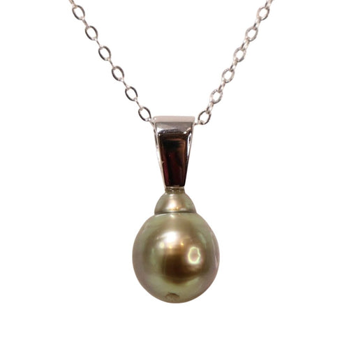 Fijian South Sea pearl pendant featuring a Circle Drop shape pearl 11.1 x 14mm in size, AA grade and Pistachio in color. The pearl is set in 925 Sterling Silver and is rhodium coated for a non-tarnish finish Chain included is Base Metal only