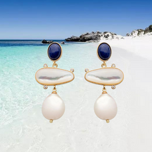 Load image into Gallery viewer, &#39;Three Drop Lapis&#39; Freshwater Pearl Earrings
