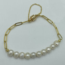 Load image into Gallery viewer, Elegant and stylish - this 14ct Yellow gold plated over 925 Sterling silver square link chain and pearl bracelet, features a magnetic clasp and safety chain with 10 white Freshwater pearls, 6mm in size.   Length 18.5cm
