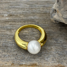 Load image into Gallery viewer, This classic design ring is 18ct Yellow gold plated over sterling silver and&nbsp; features a 10mm White Round shape Freshwater pearl

Available in sizes 7 , 8 , and 9

Also available in silver&nbsp;
