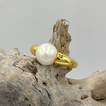 Load image into Gallery viewer, This classic design ring is 18ct Yellow gold plated over sterling silver and&nbsp; features a 10mm White Round shape Freshwater pearl

Available in sizes 7 , 8 , and 9

Also available in silver&nbsp;
