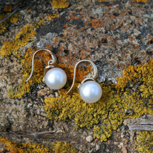 Load image into Gallery viewer, Australian South sea pearl earrings set on 9ct Yellow gold &#39;knife edge&#39; hooks, articulated to the cap that joins the pearls  The pearls are Gem grade, 11.2mm, Round AAA pearls that are White with Pink hues in color  J3213

