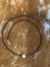 Load image into Gallery viewer, Australian South Sea pearl necklace with facetted 3mm Garnet gemstones and a sterling silver peanut clasp  This stunning necklace features an Australian South Sea pearl , Round in shape,&nbsp; 9.5mm in size and White with Pink hues in color  This necklace has a sterling silver extension chain so the length can be altered from 47cm to 52cm overall length  Good lustre and light natural &#39;birthmarks&#39;  J3443  Note there are other gemstone options to choose from or make a special order
