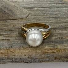 Load image into Gallery viewer, Lucinda is our stunning Australian South Sea pearl ring This ring is set in a two tone setting of 9ct White Gold and 9ct Yellow Gold.  It features a Round shape pearl, 10.3mm in size and White with a Silver hues in color, AAA grade  Size N (54)  J3100
