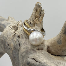 Load image into Gallery viewer, Lucinda is our stunning Australian South Sea pearl ring This ring is set in a two tone setting of 9ct White Gold and 9ct Yellow Gold.  It features a Round shape pearl, 10.3mm in size and White with a Silver hues in color, AAA grade  Size N (54)  J3100
