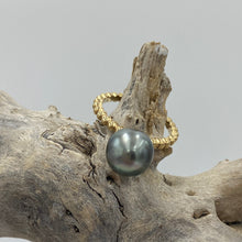 Load image into Gallery viewer, This ring is stunning in its simplicity.  It features a Tahitian South Sea pearl,&nbsp; Round in shape, and 9.5mm in size.  It is Peacock Green in color, AAA grade and set in a 9ct Yellow Gold ring band.  Size L&nbsp;&nbsp;  J3097
