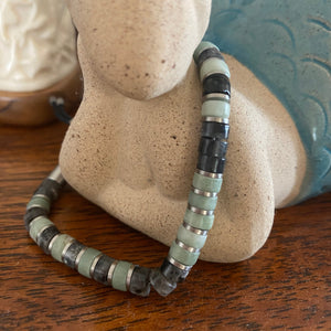 Stunning new range of Men's &amp; Unisex Stainless steel and nautical rope jewellery, hand made in Amsterdam and designed with strength to be worn 24/7

Green and Grey semi precious stones 6mm semi precious stones with a 6mm Silver slider&nbsp;

Adjustable size

In stock now size S