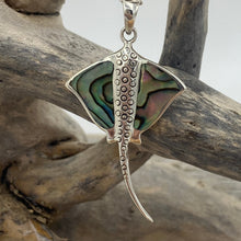 Load image into Gallery viewer, Sterling Silver Pendant features green blue NZ Paua&nbsp; shell in the shape of a Manta Ray and textured up the middle.

It is 25mm across and 50mm from top to bottom of the tail

Price includes Base Metal chain.
