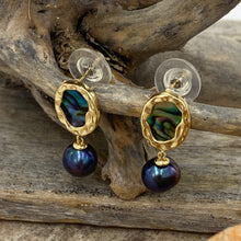 Load image into Gallery viewer, Hand crafted, stud style, gold plated over Sterling silver earrings that feature ornate bezel set blue green paua and 8mm round freshwater pearls that are black with blue hues.

Size in total is 24mm from top to bottom
