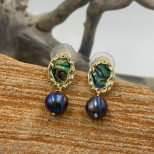Load image into Gallery viewer, Hand crafted, stud style, gold plated over Sterling silver earrings that feature ornate bezel set blue green paua and 8mm round freshwater pearls that are black with blue hues.

Size in total is 24mm from top to bottom
