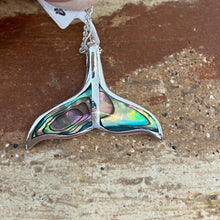 Load image into Gallery viewer, Sterling Silver Pendant features green blue NZ Paua&nbsp; shell in the shape of a Whale Tail.

It is 25mm across the tail flukes

Price includes Base Metal chain.
