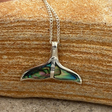 Load image into Gallery viewer, Sterling Silver Pendant features green blue NZ Paua&nbsp; shell in the shape of a Whale Tail.

It is 25mm across the tail flukes

Price includes Base Metal chain.
