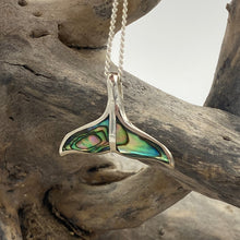 Load image into Gallery viewer, Sterling Silver Pendant features green blue NZ Paua&nbsp; shell in the shape of a Whale Tail.

It is 25mm across the tail flukes

Price includes Base Metal chain.
