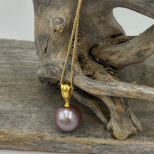 Load image into Gallery viewer, &#39;Kate&#39; is a stunning large Round Freshwater Edison Pearl set on a 9ct yellow gold pendant

This large Round pearl is 13.8 mm in size with high lustre and the most stunning natural lavender color&nbsp;
