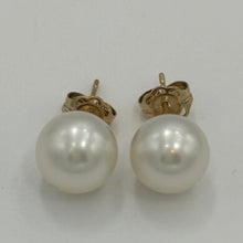 Load image into Gallery viewer, Australian South sea pearl studs set in 18ct yellow gold with butterflies also in 18ct These earrings feature 10.2mm, Round pearls, AAA grade with Excellent lustre&nbsp;  White Pink in color  J3250
